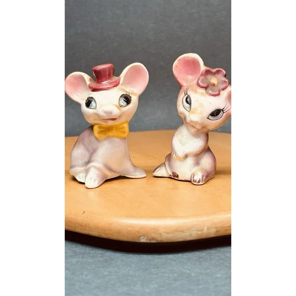 Vintage Japan Cute Animal Salt & Pepper Shakers Top Hat & Flower Foil Labels